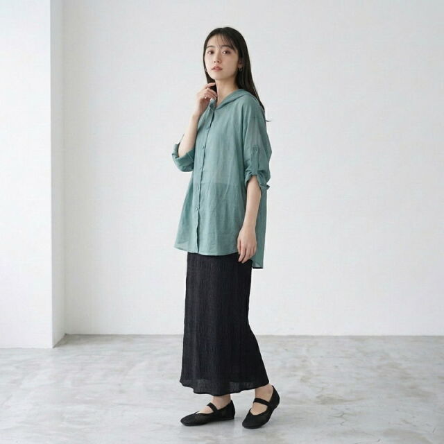 袖ロールシアーフードシャツ