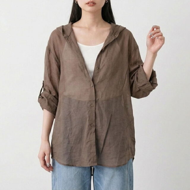 袖ロールシアーフードシャツ