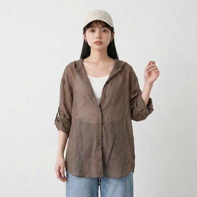 袖ロールシアーフードシャツ