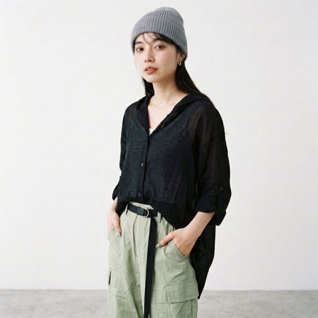 袖ロールシアーフードシャツ