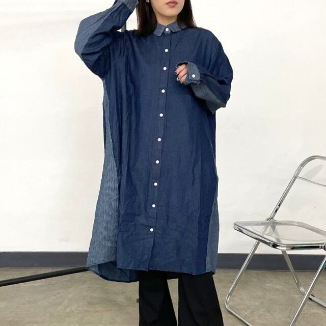 デニム切替ロングシャツ