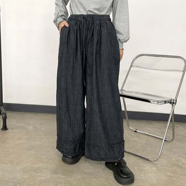 デニム裾ダブルフリルワイドパンツ