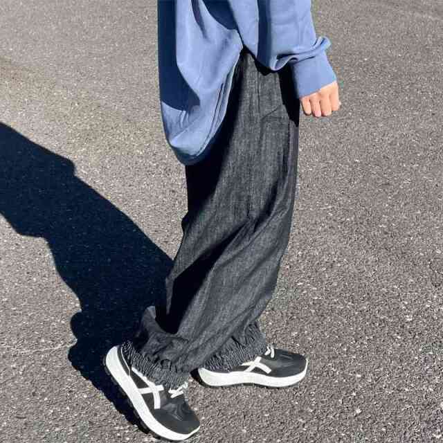 デニム裾スモッキングパンツ