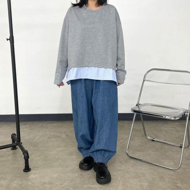 デニム裾スモッキングパンツ