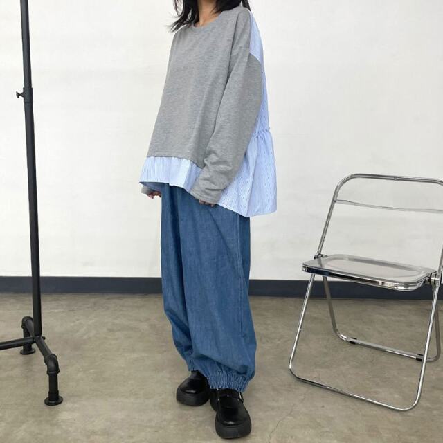 デニム裾スモッキングパンツ