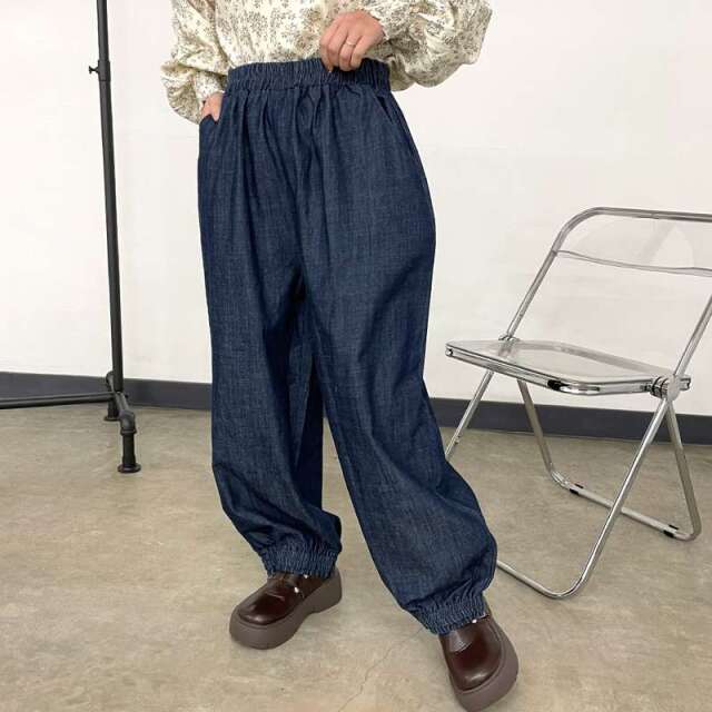 デニム裾スモッキングパンツ