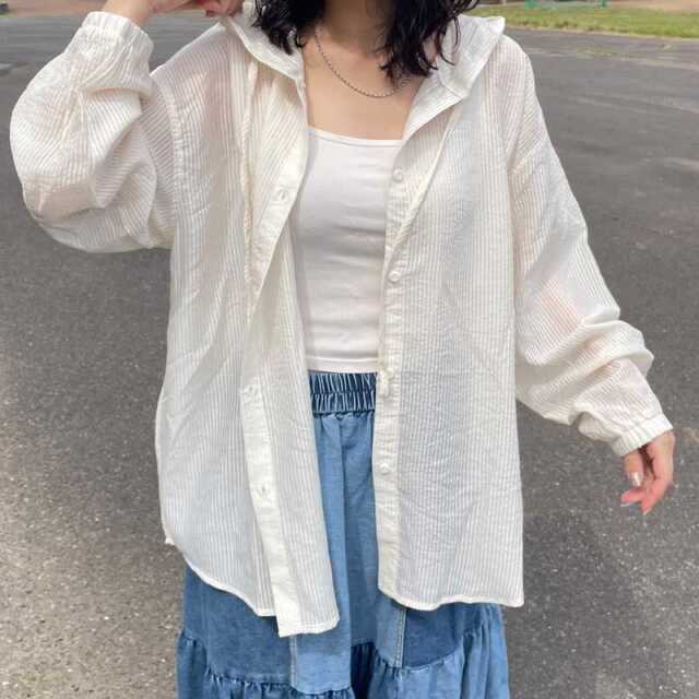 シアーストライプフードシャツ