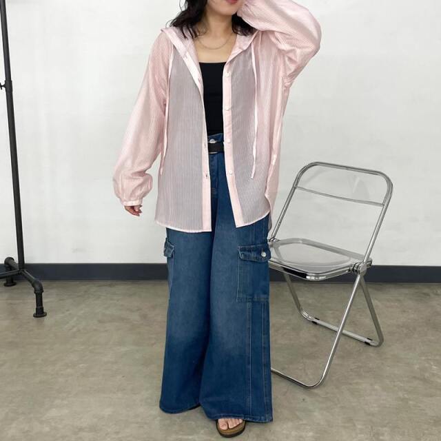 シアーストライプフードシャツ