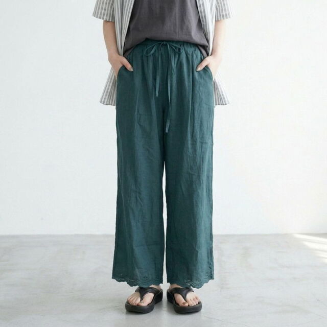 裾スカラップ刺繍綿麻ワイドパンツ
