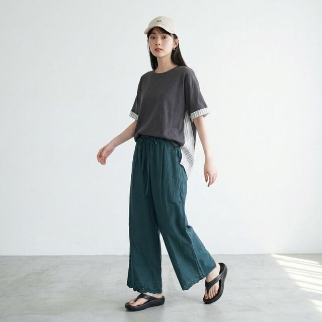 裾スカラップ刺繍綿麻ワイドパンツ