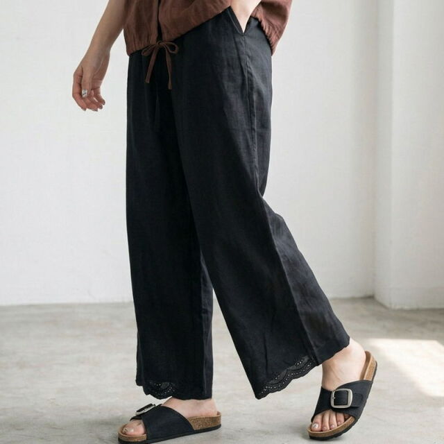 裾スカラップ刺繍綿麻ワイドパンツ