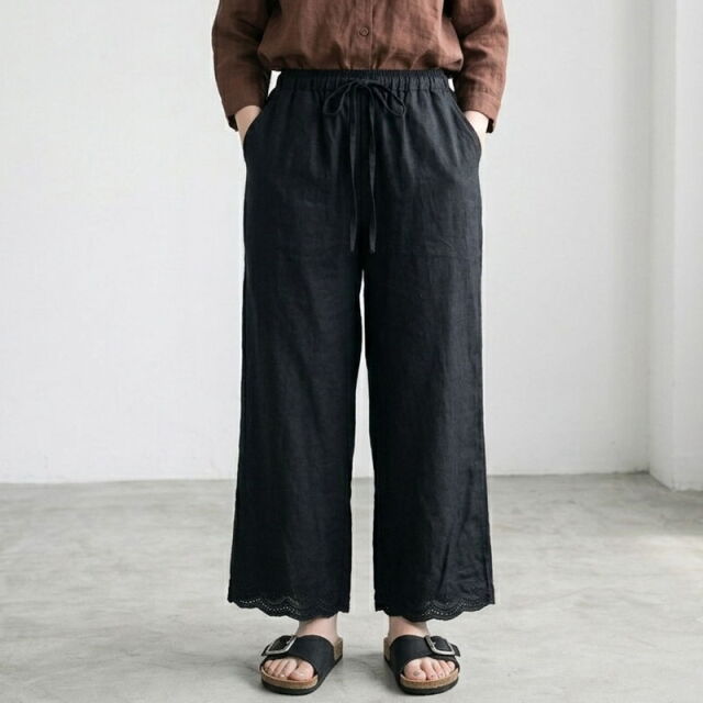 裾スカラップ刺繍綿麻ワイドパンツ