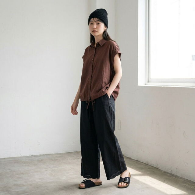 裾スカラップ刺繍綿麻ワイドパンツ