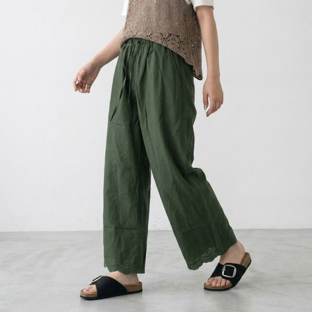 裾スカラップ刺繍綿麻ワイドパンツ