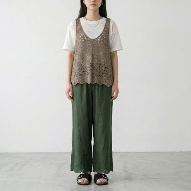 裾スカラップ刺繍綿麻ワイドパンツ