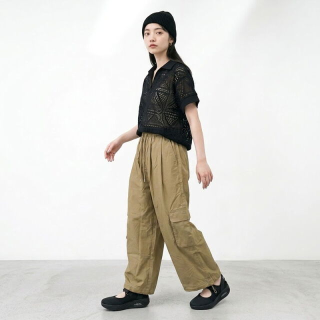 薄ツイルワイドカーゴパンツ