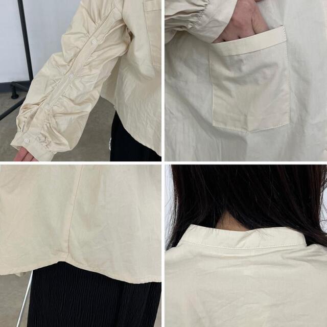 袖ボタンバンドカラーブラウス