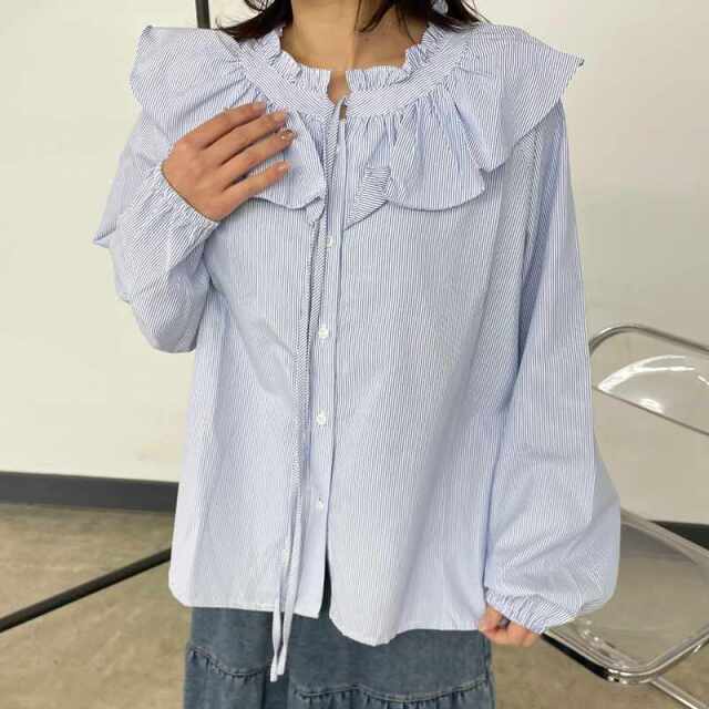 ストライプ襟フリルブラウス