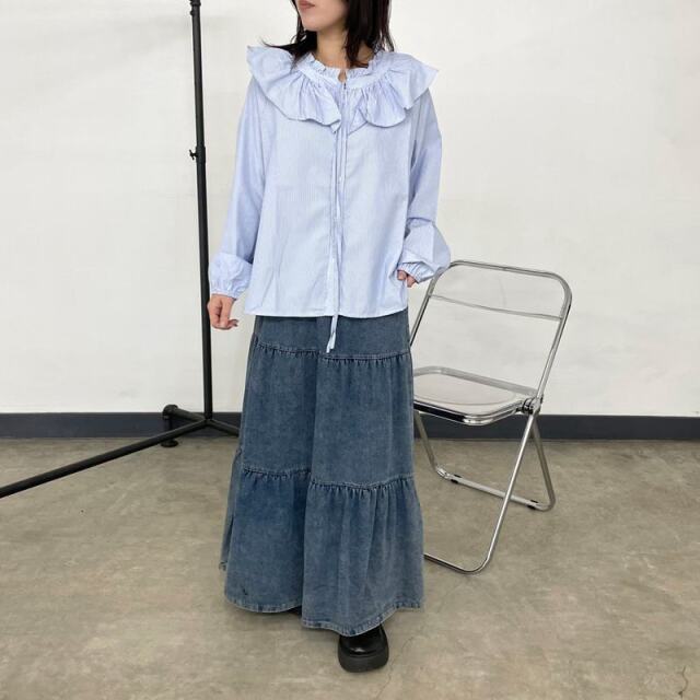 ストライプ襟フリルブラウス