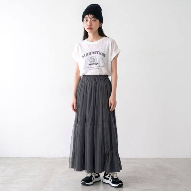 チュール切替ナイロン風スカート