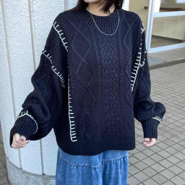 ブランケット刺繍ケーブルプルオーバー