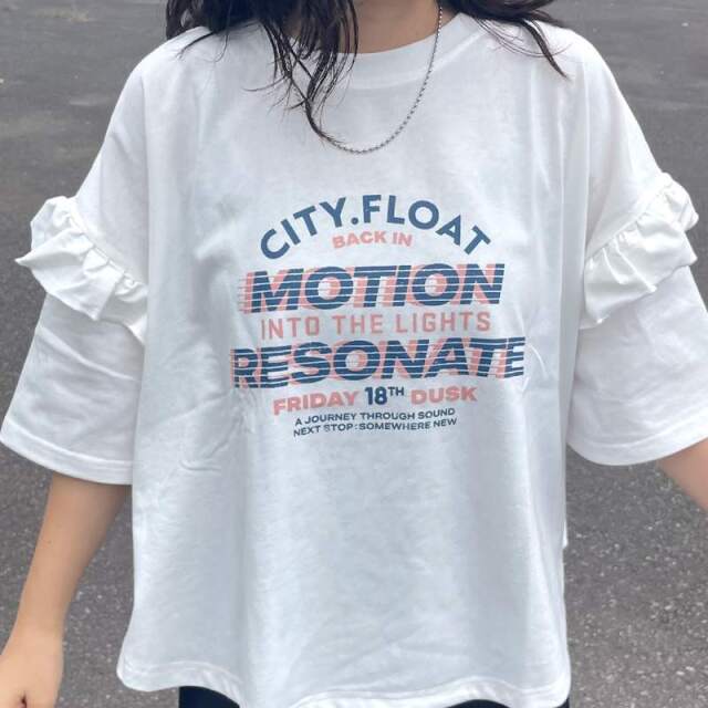 袖フリルプリントTシャツ