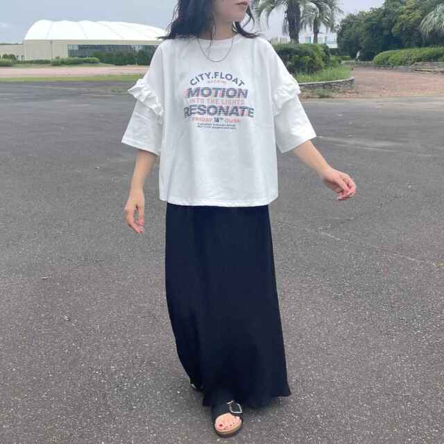 袖フリルプリントTシャツ