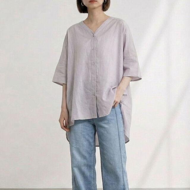 Vネックボイルシャツ