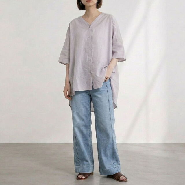 Vネックボイルシャツ