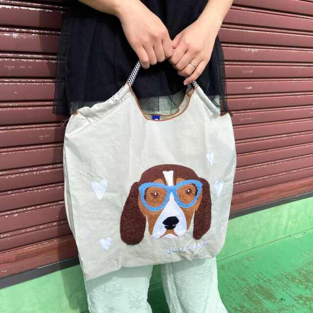 ドッグ刺繍コードハンドルトートバッグ