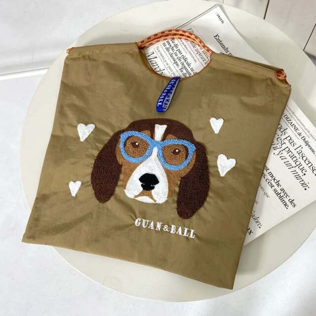 ドッグ刺繍コードハンドルトートバッグ