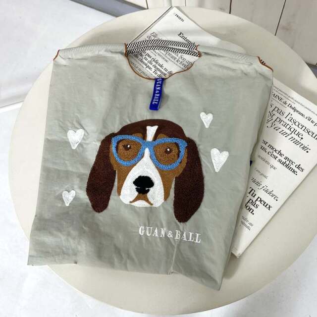 ドッグ刺繍コードハンドルトートバッグ
