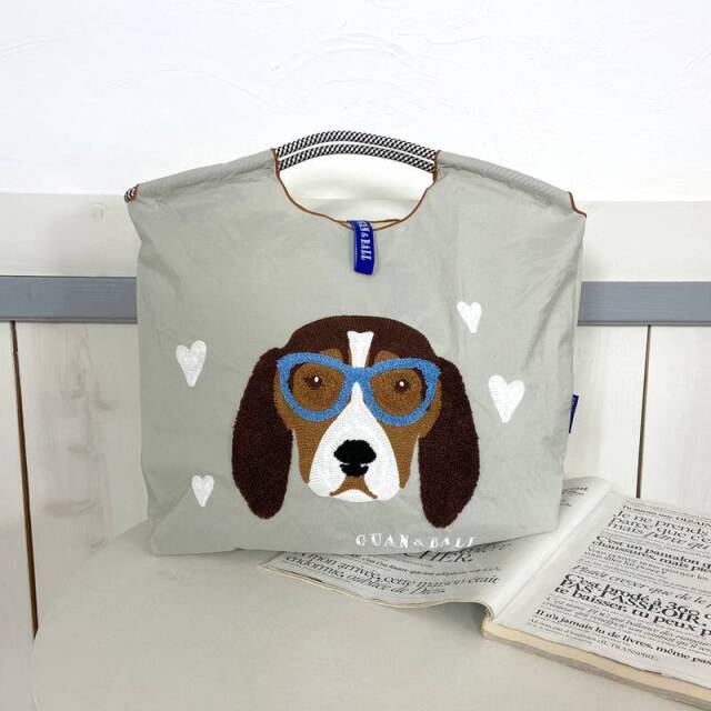 ドッグ刺繍コードハンドルトートバッグ