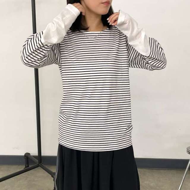 【新品未使用 2023年】ベイジ　切替異素材長袖カットソー ニット シアー 4 ストライプ異素材切り替えカットソー』