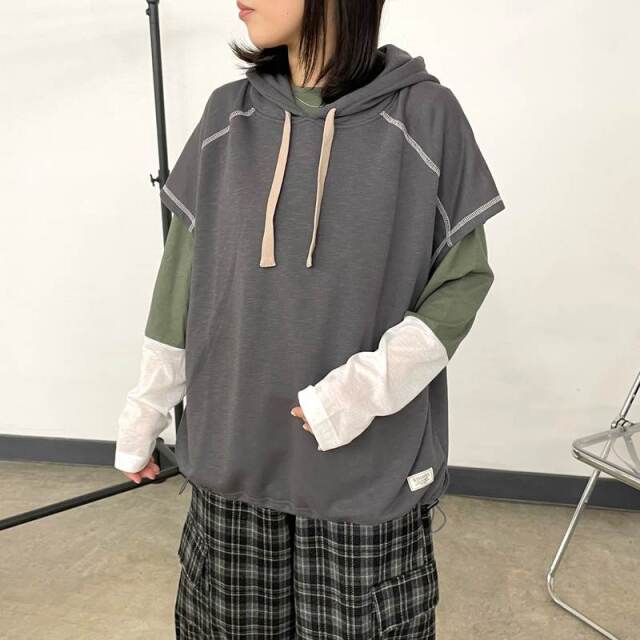 袖シアー切替ロンT