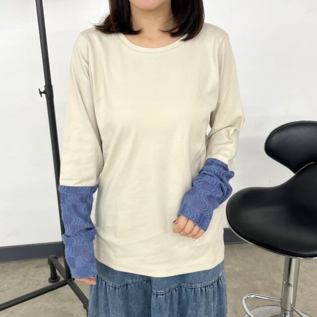 袖切替レースロンT