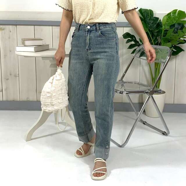 裾ボタン切替デニムパンツ