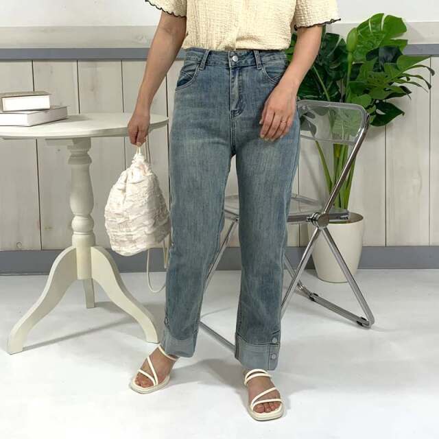 裾ボタン切替デニムパンツ