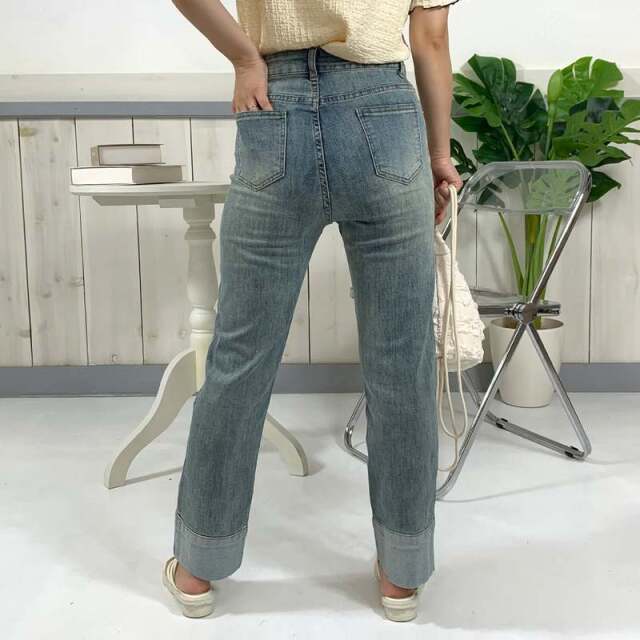 裾ボタン切替デニムパンツ