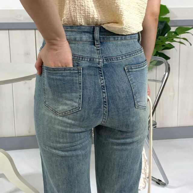 裾ボタン切替デニムパンツ