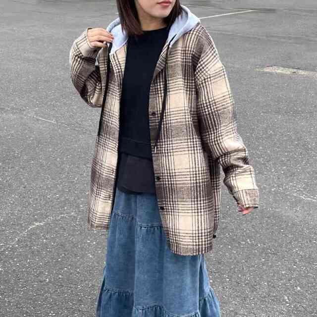 フードチェックシャツ