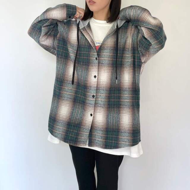 フードチェックシャツ
