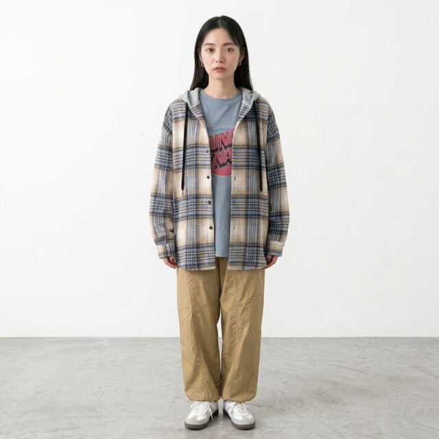 フードチェックシャツ