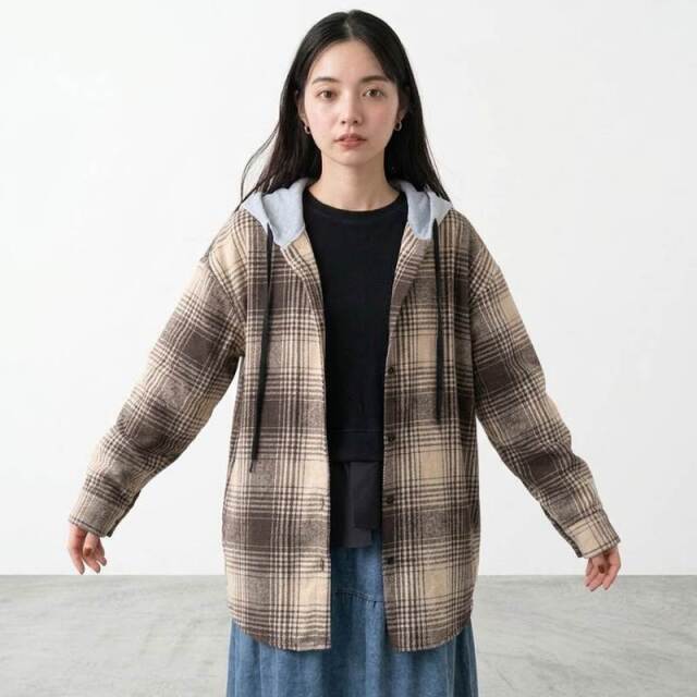 フードチェックシャツ