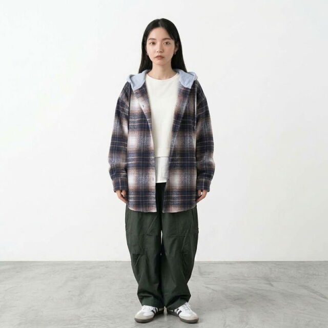 フードチェックシャツ