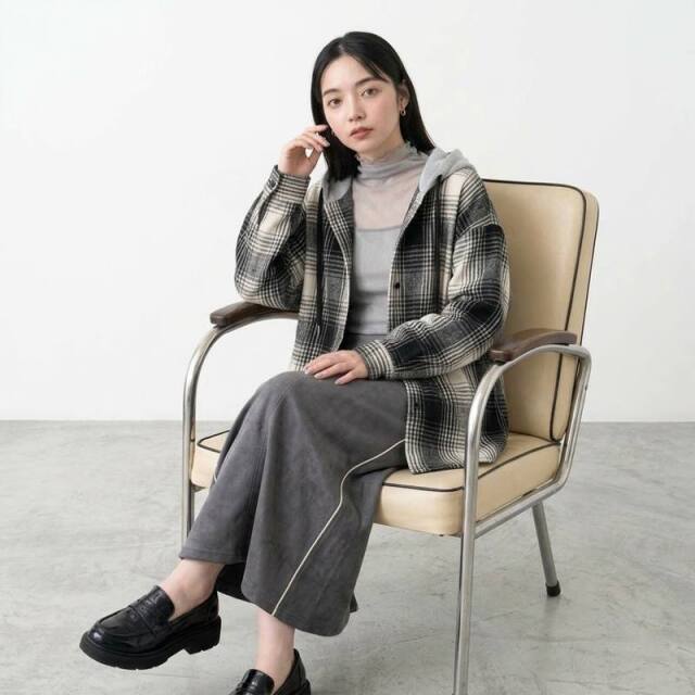 フードチェックシャツ