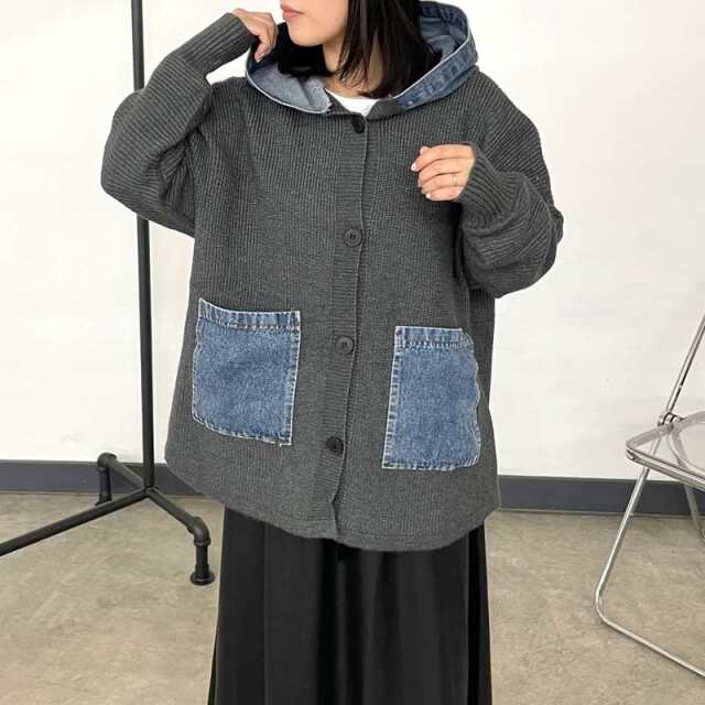 デニム切替フードカーディガン