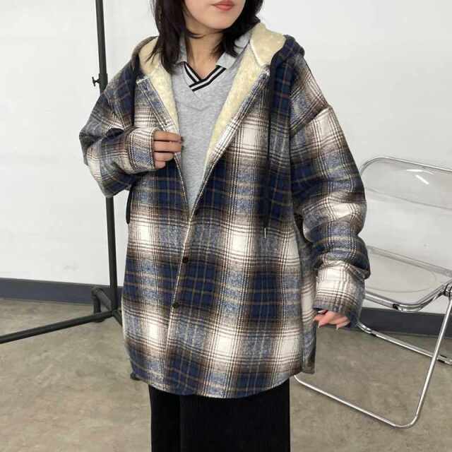 暖チェックフードシャツ