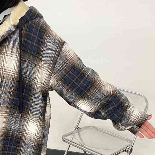 暖チェックフードシャツ