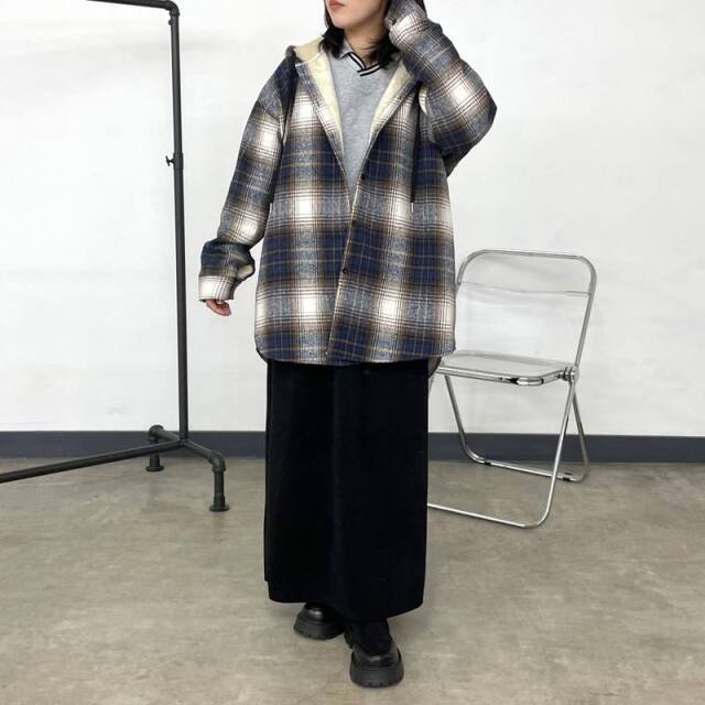 暖チェックフードシャツ